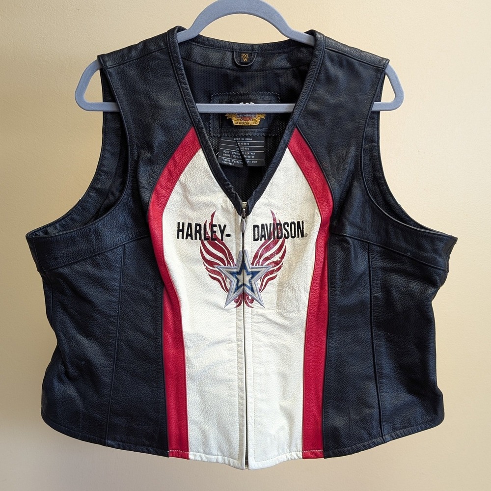 VTG Harley Davidson Women 2XL Leather Motorcycle Vest Gloves Set Black Red White - Picture 2 of 16